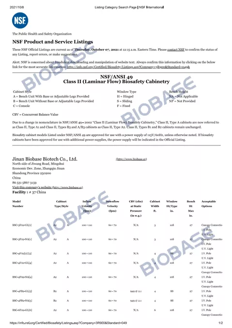 NSF-ClassII Biosafety Cabinet Certificate