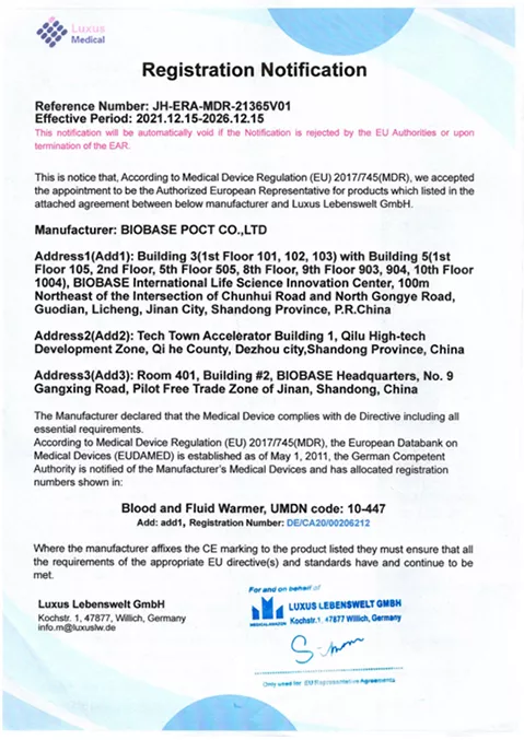 Registration Notification-blood And Fluid Warmer Certificate