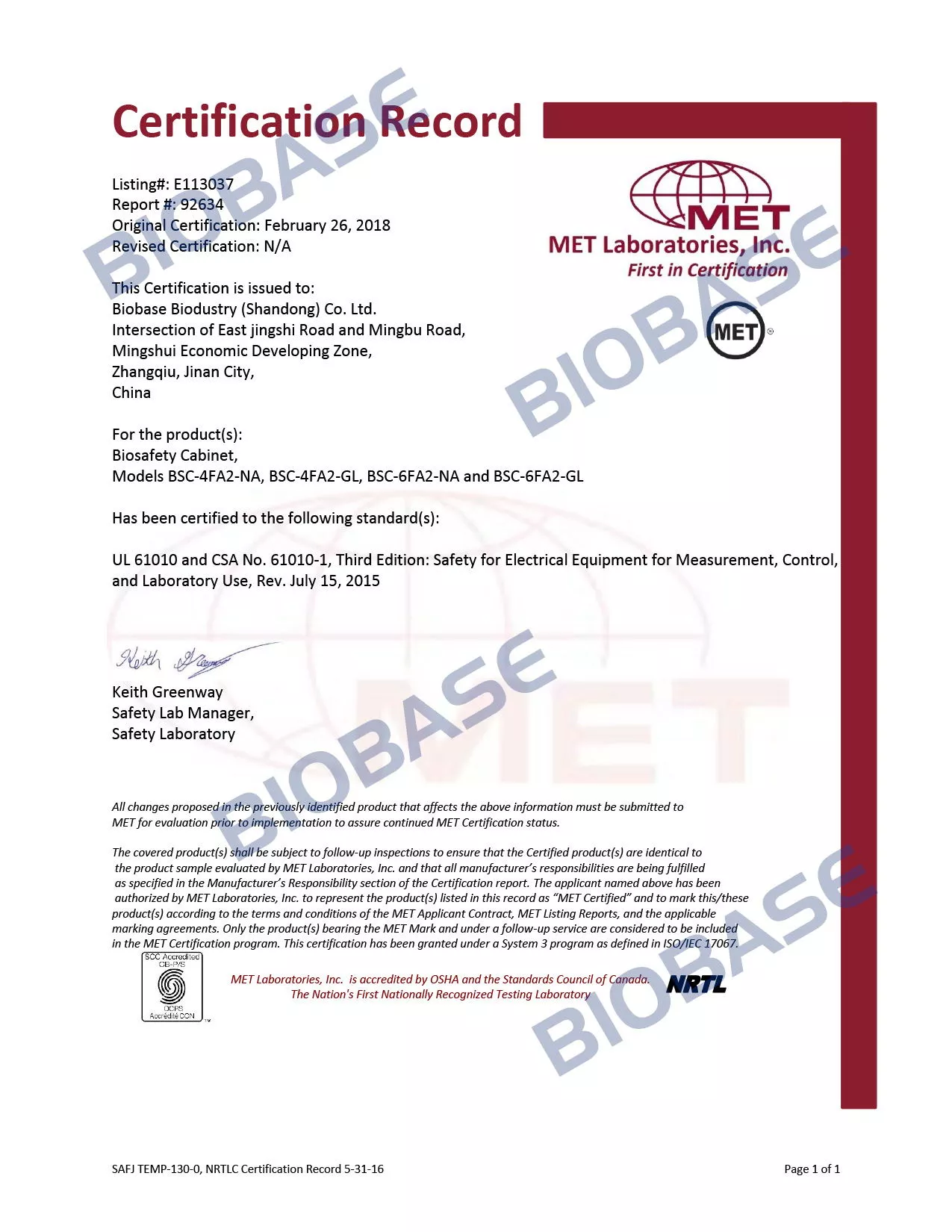 MET-Biosafety Cabinet Certificate
