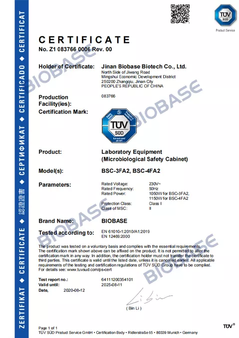 EN-Microbiological Safety Cabinet. Certificate