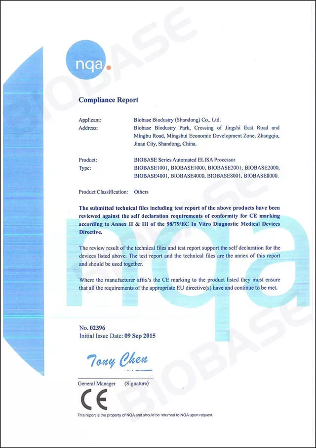 CE-ELISA processor
 Certificate