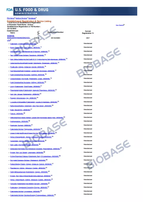 FDA-BIOBASE Device Listing Certificate