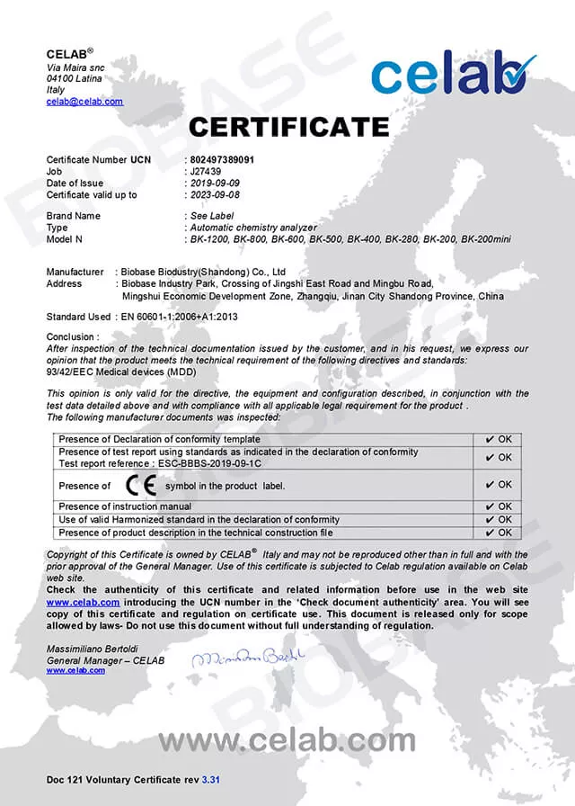 CE-Biomedical analyzer Certificate